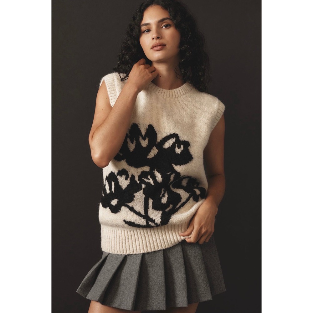 Maeve Anthropologie Floral Sweater Vest Cream Black Knit Crew Neck Size S